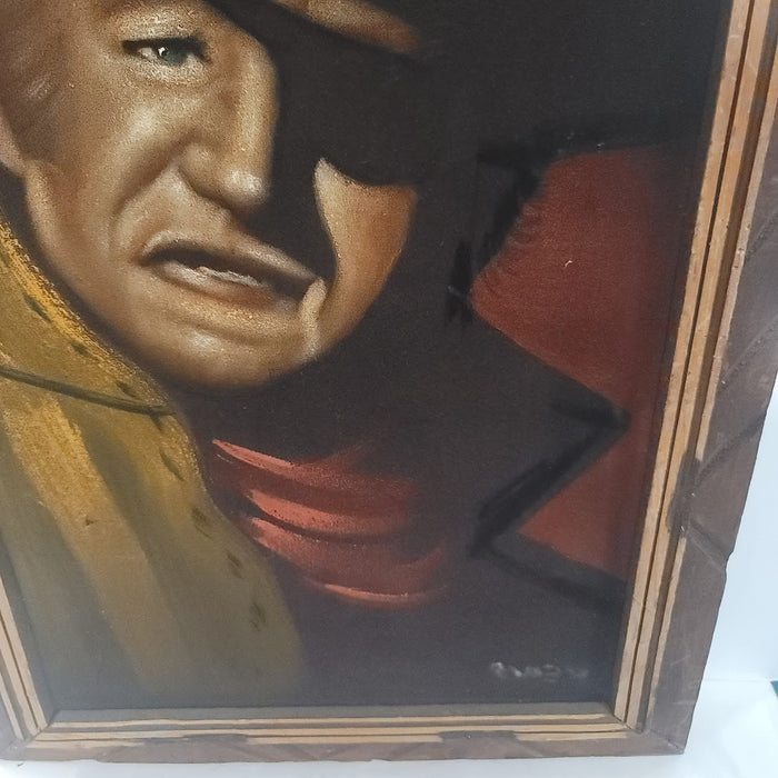 John Wayne, Rooster Cogbur in TRUE GRIT Oil Painting Velvet Mexico VTG Framed