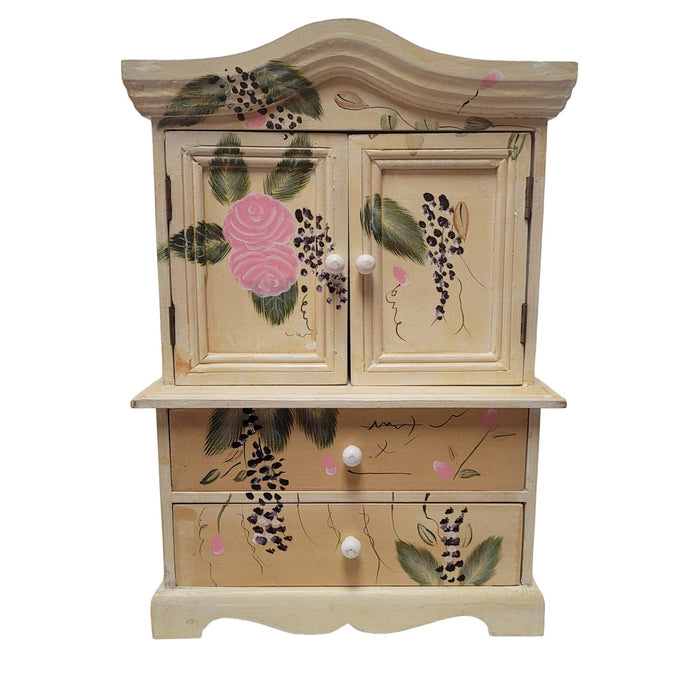 Vintage handpainted jewelry box doll house furniture armoire cream floral