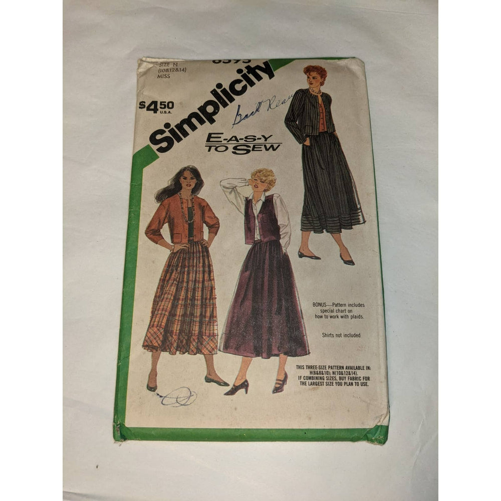 Vintage Pattern Sewing Crafts Simplicity 6595 1980s Size N Misses 10/12/14 Skirt