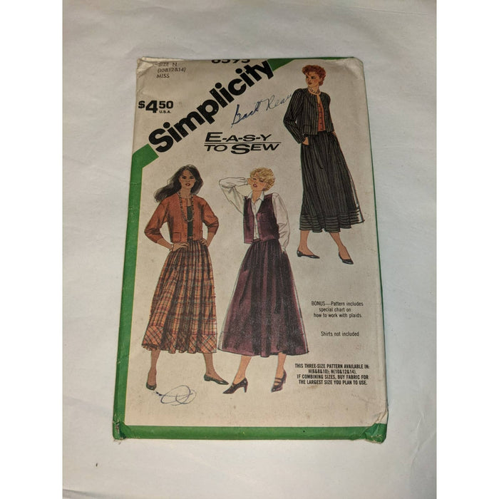 Vintage Pattern Sewing Crafts Simplicity 6595 1980s Size N Misses 10/12/14 Skirt