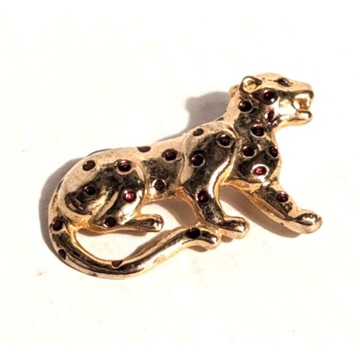 Vintage Costume Jewelry Golden Cat Red Rhinestones Pin Brooch Leopard Cheetah