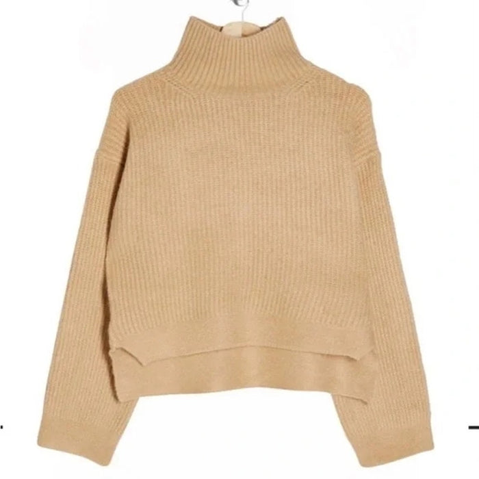 Topshop Women's Crop high Low Funnel Neck Sweater Size 8-10 Camel NWT Super Soft