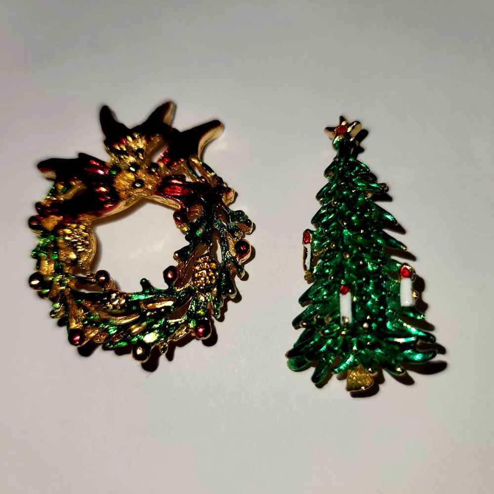 Pair of Christmas PINs wreath tree holiday 2" Brooch Holiday Jewelry