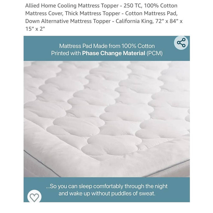 Allied Home KING CAL Cooling Mattress Topper 250 TC, 100% Cotton Mattress Cover