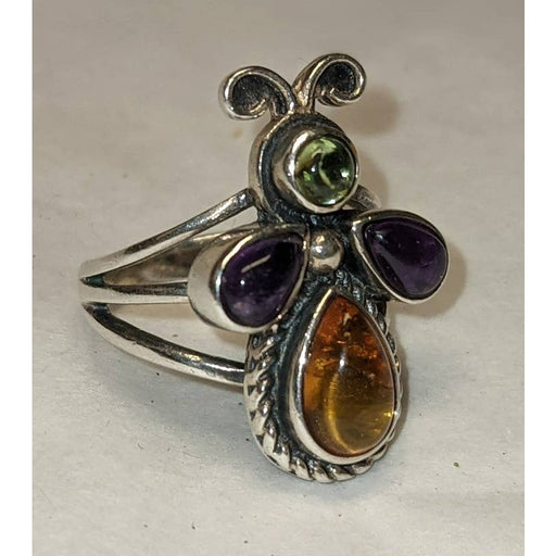 Silver Butterfly Bug 3 band Multicolor Stones Marked Amber Purple Green Size 6