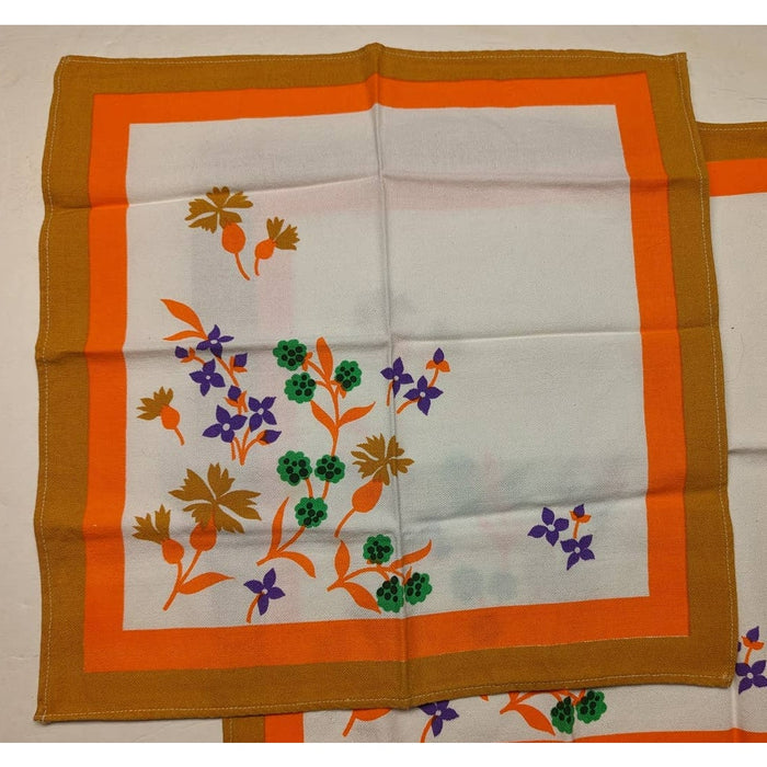 Set of 3 Vintage Napkins Mod Floral Mid Century Modern Orange Brown Purple