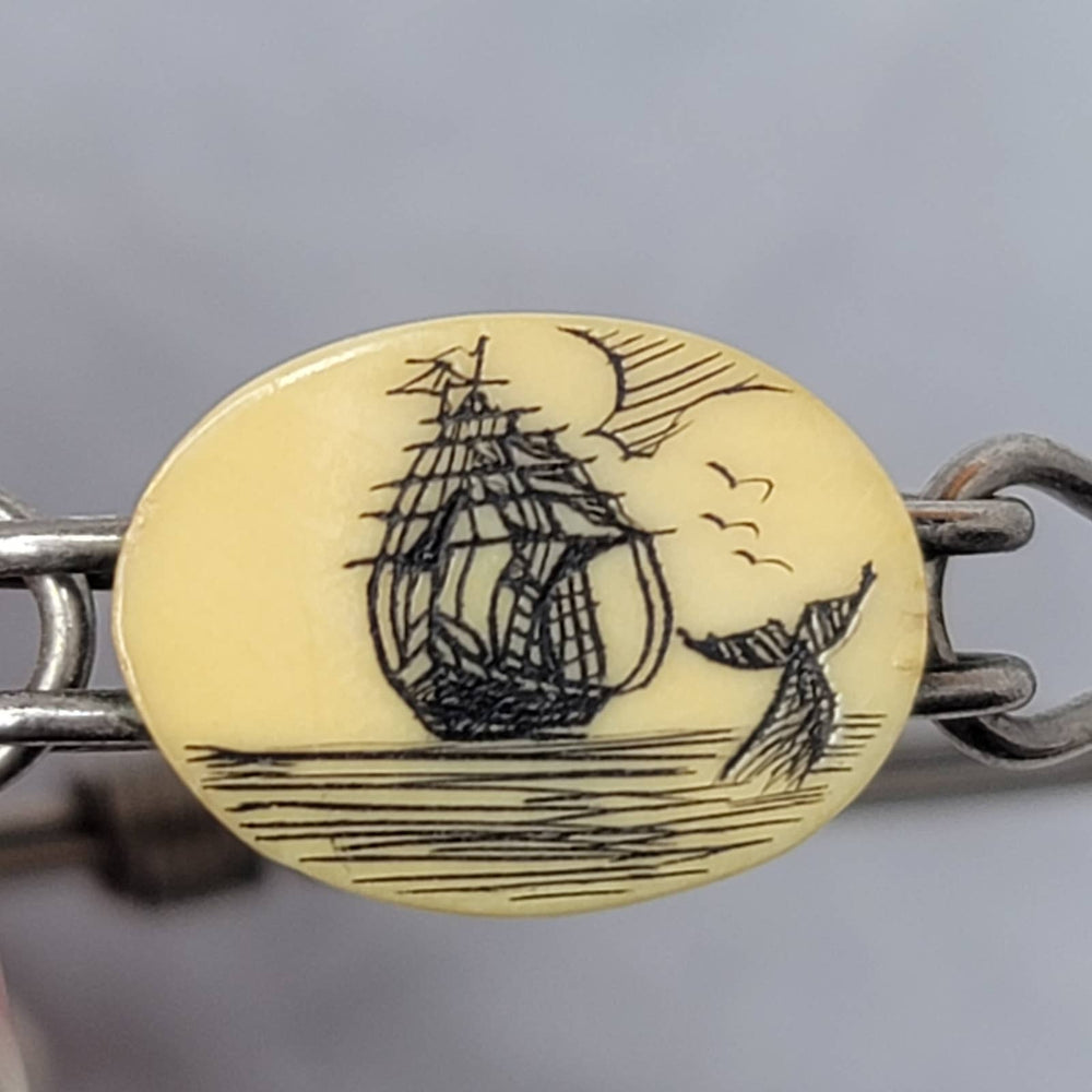 Scrimshaw Engraved Sailboat Whale Ocean Bangle Bracelet Silver Tone Metal