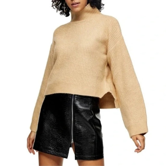 Topshop Women's Crop high Low Funnel Neck Sweater Size 8-10 Camel NWT Super Soft