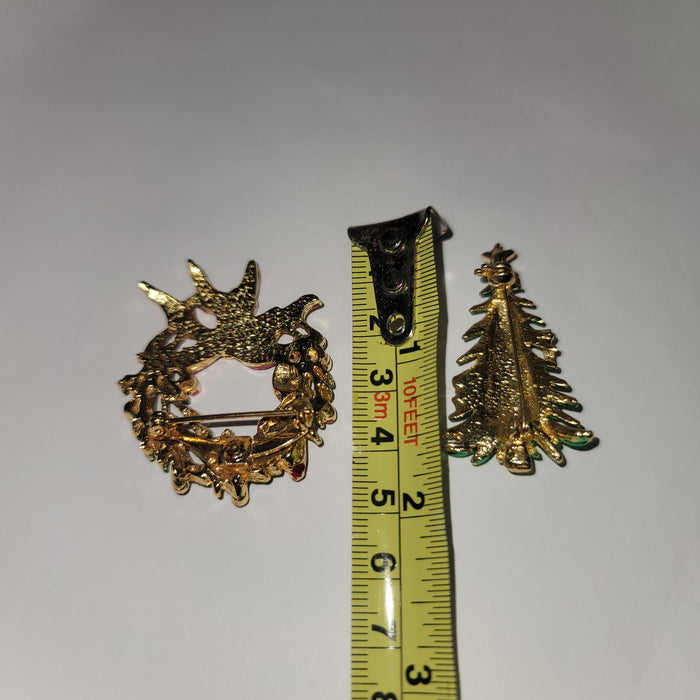 Pair of Christmas PINs wreath tree holiday 2" Brooch Holiday Jewelry