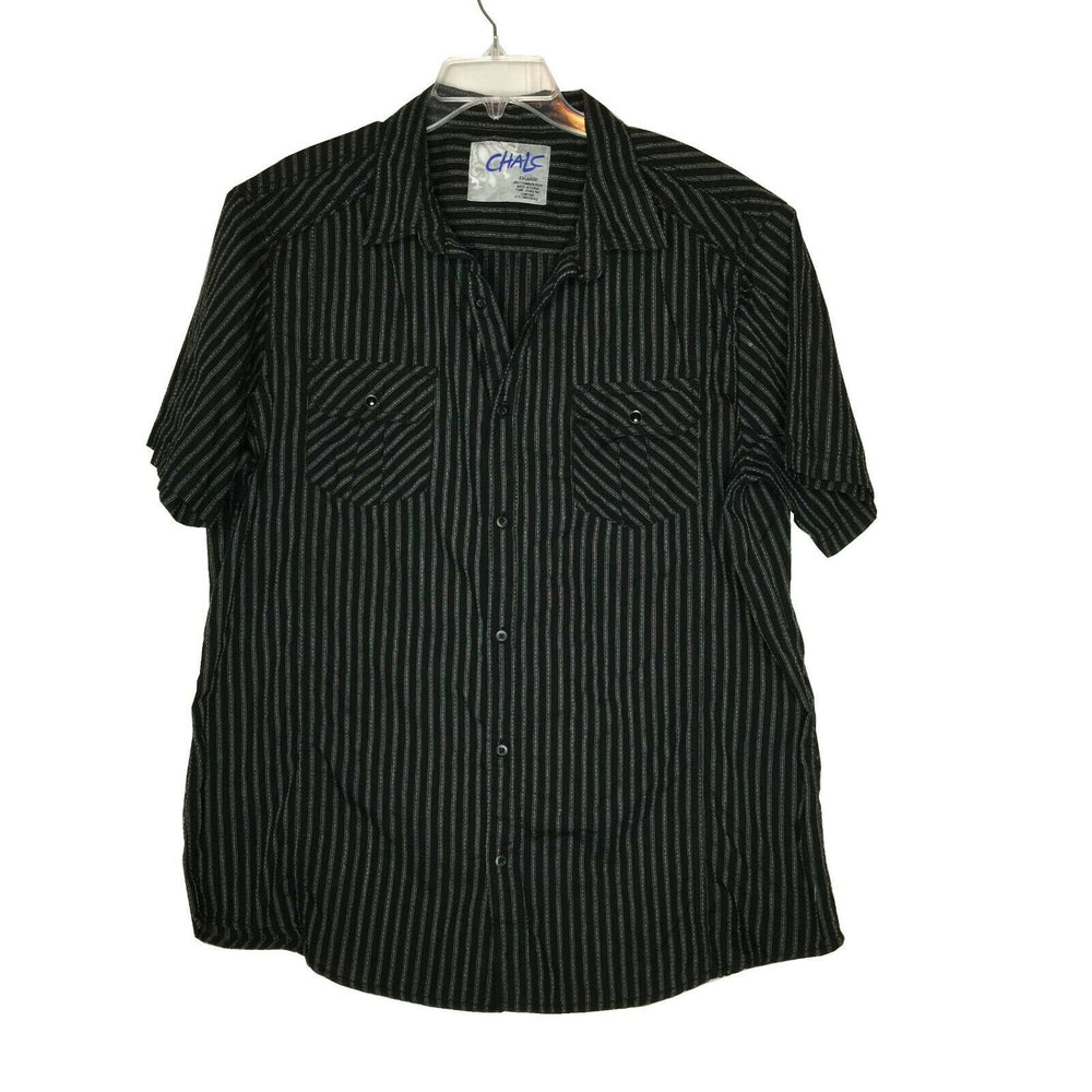 Chalc Men's Short Sleeve Button-Down Dress Shirt Glass Snaps Stripe Black  XXL