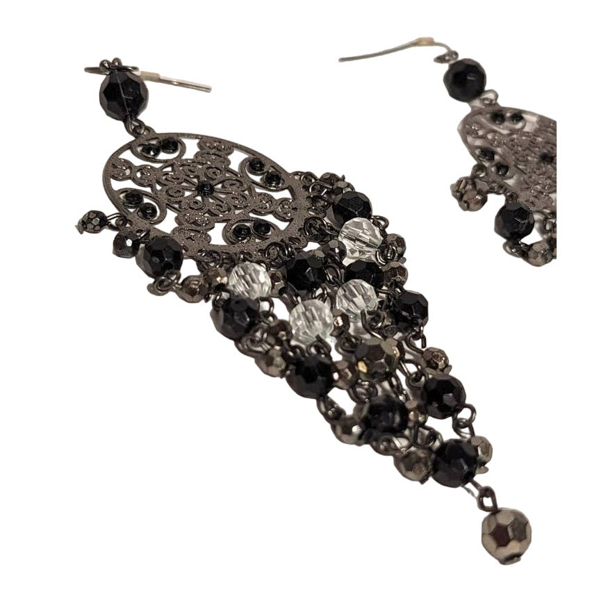 Black Patina Metal Open Work Disk Earrings Chandelier Dangles Glass Beads