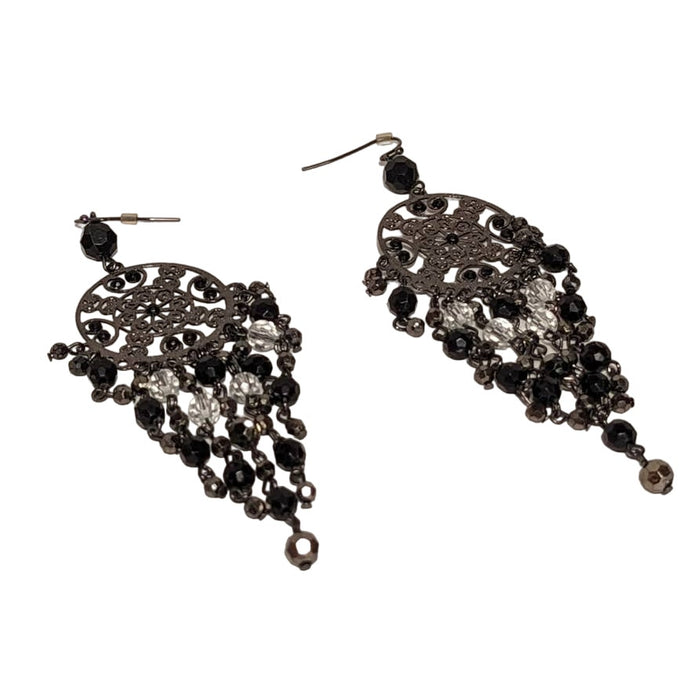 Black Patina Metal Open Work Disk Earrings Chandelier Dangles Glass Beads