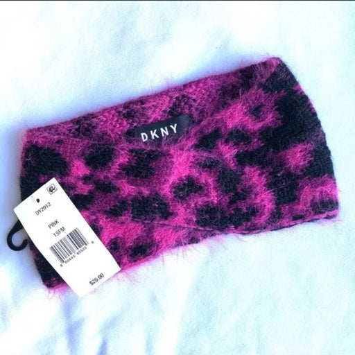 DKNY NEW Fuzzy PINK Black Animal Print Knit Front Twist Headband Ear Warmer