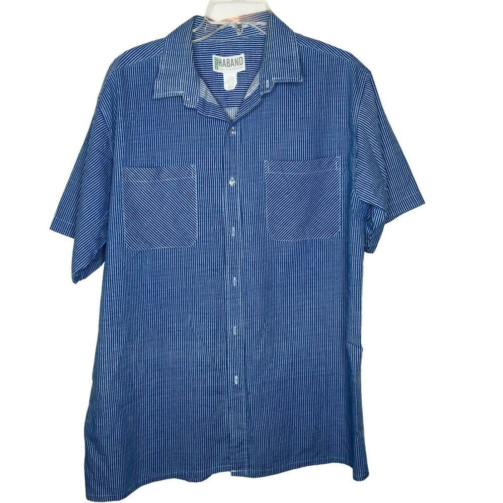 Haband Men's Button Up Dress Shirt Short Sleeve Two Pocket Striped Blue Large