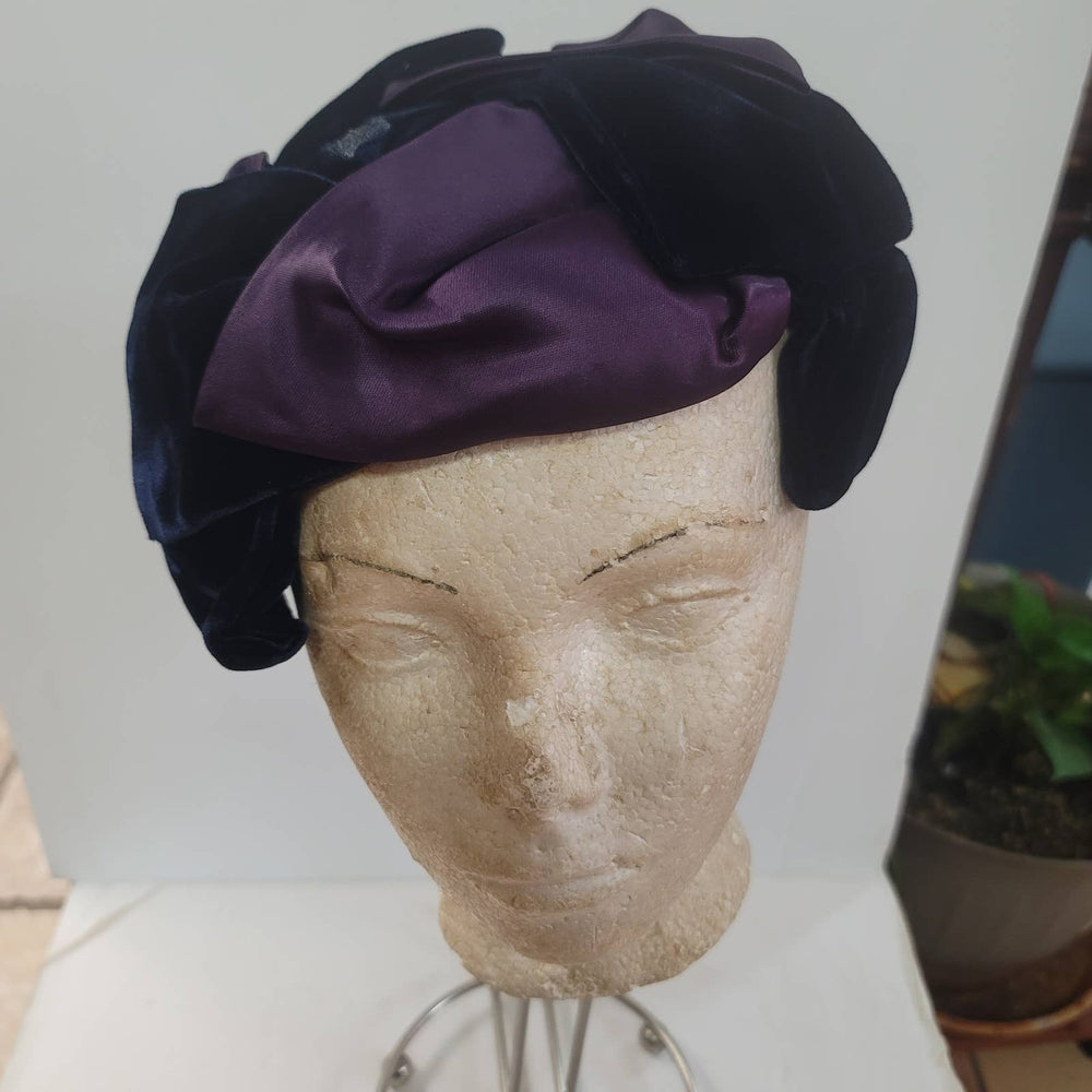 Vintage Capulet blue velveteen purple satin bows hat need new netting Union Made