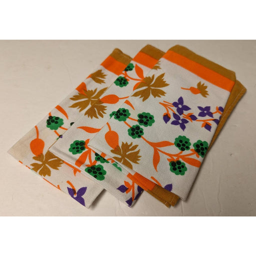 Set of 3 Vintage Napkins Mod Floral Mid Century Modern Orange Brown Purple