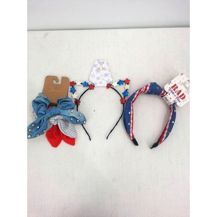 Lot of 3 Fourth of July Patriotic Red White Blue Headband Hair Tie NEW 4th Bows