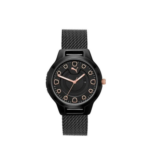 PUMA Women's Reset Three-Hand Date, Black-Tone Alloy Watch, P1010 Black Rose NEW