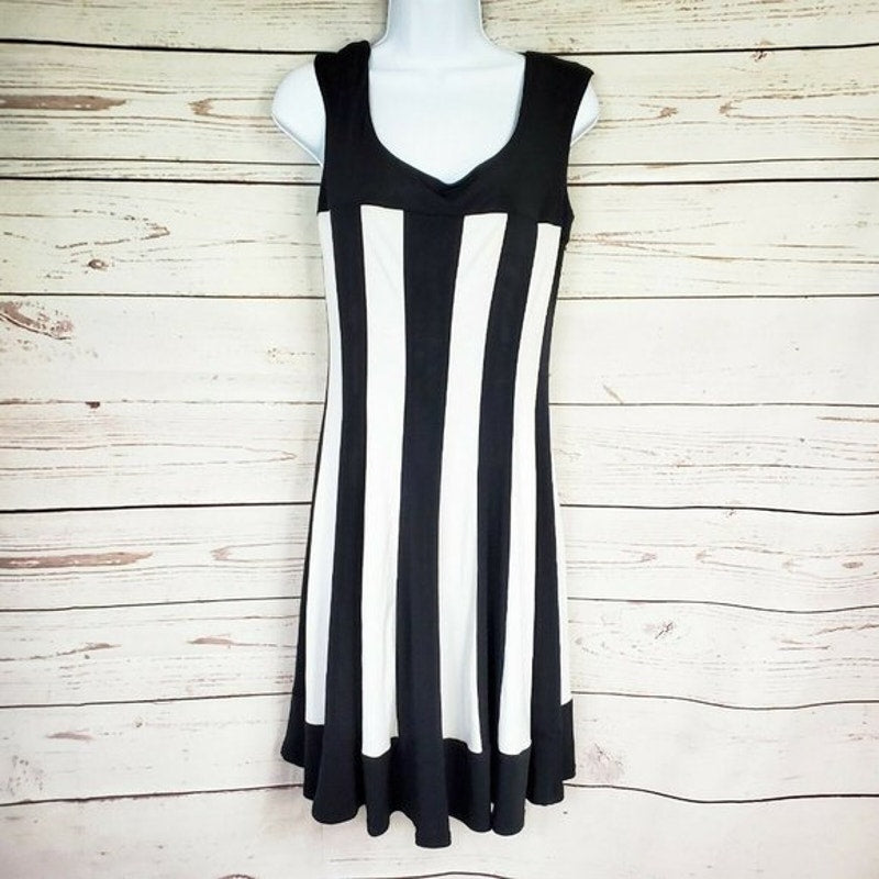 Connected Apparel Striped Sleeveless Fit & Flare Dress Black & White Size 16