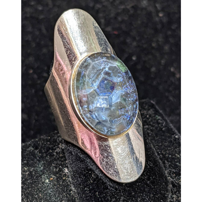 Sarah Coventry Vintage Crackle Blue Stone long Cuff Ring Silver Tone  5.5