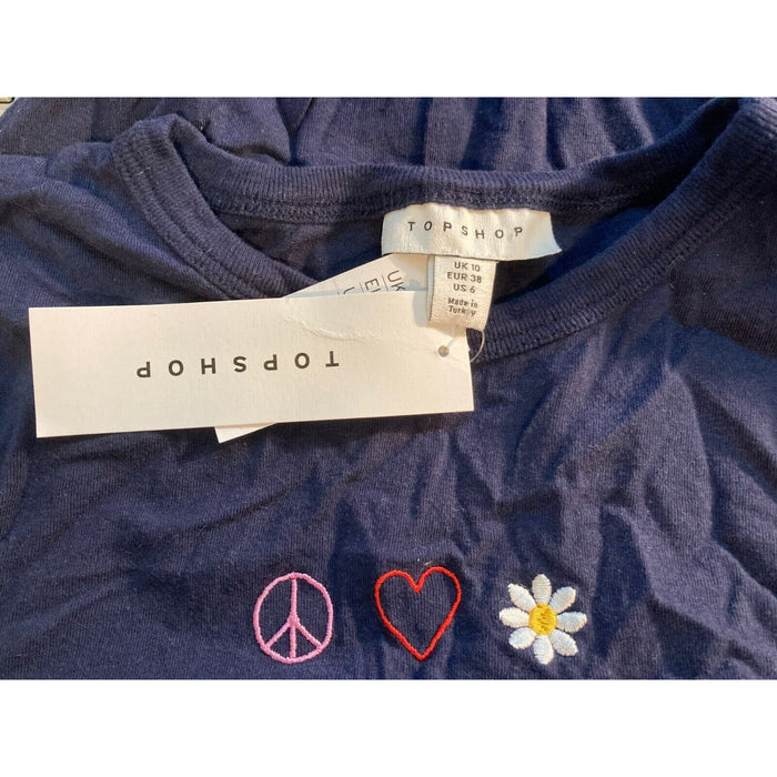 Topshop Women's Peace 70's Crew Short Sleeve T-Shirt Size 6 Navy NWT