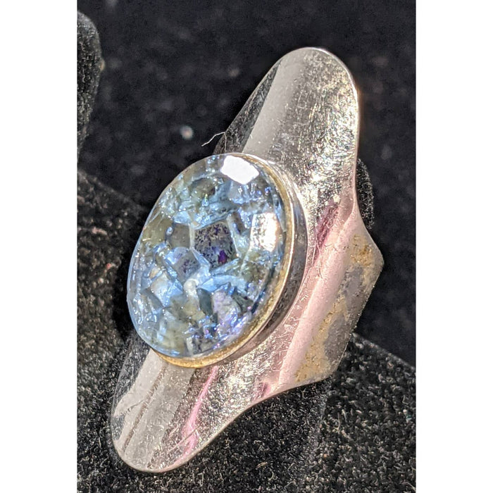 Sarah Coventry Vintage Crackle Blue Stone long Cuff Ring Silver Tone  5.5