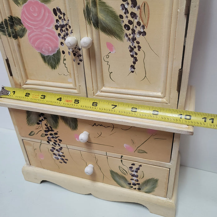 Vintage handpainted jewelry box doll house furniture armoire cream floral