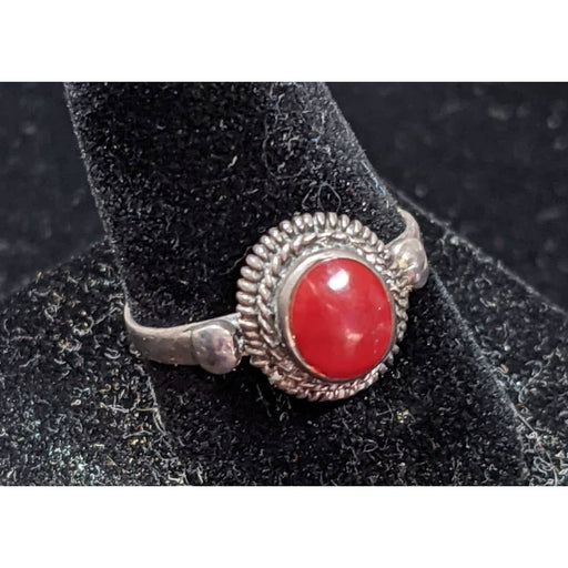 Vintage 925 Sterling Silver Ring Oval Red Coral Stone Setting Size 6.5