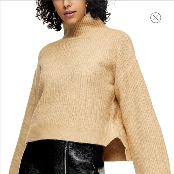 Topshop Women's Crop high Low Funnel Neck Sweater Size 8-10 Camel NWT Super Soft