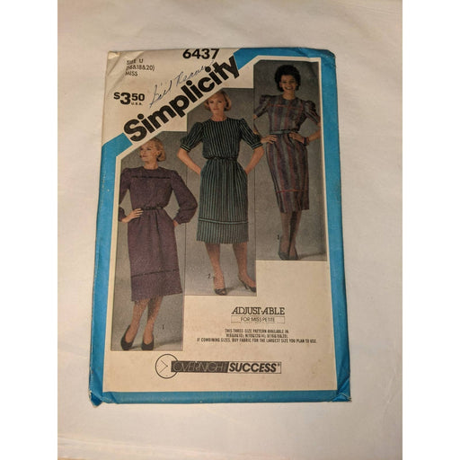 Vintage Pattern Sewing Crafts Simplicity 6437 1980s Dress Size U 16/18/20 Women